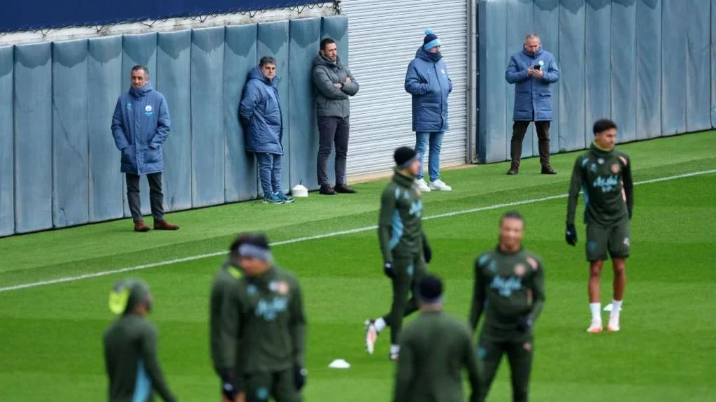 Hugo Viana, sporting director for Manchester City, watches a training session