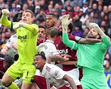 West Ham commit the foul on Arsenal’s goalkeeper, David Raya, that led to their goal being disallowed.