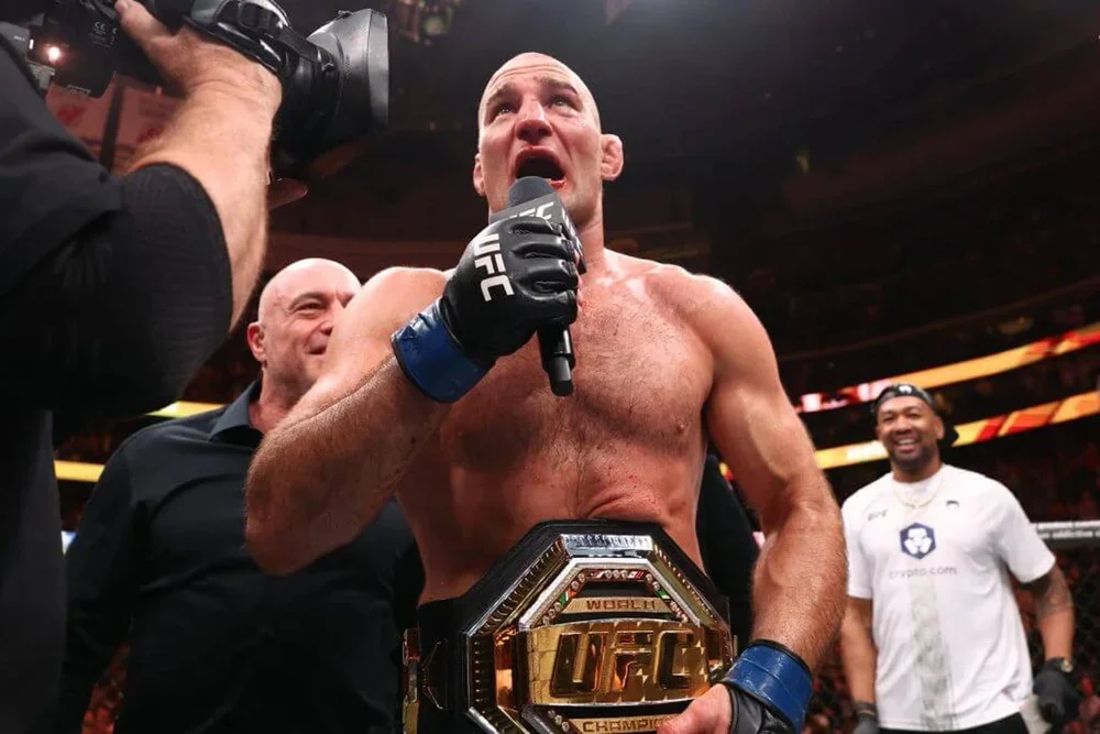 Sean Strickland speaks to the Prudential Center crowd after UFC 328.