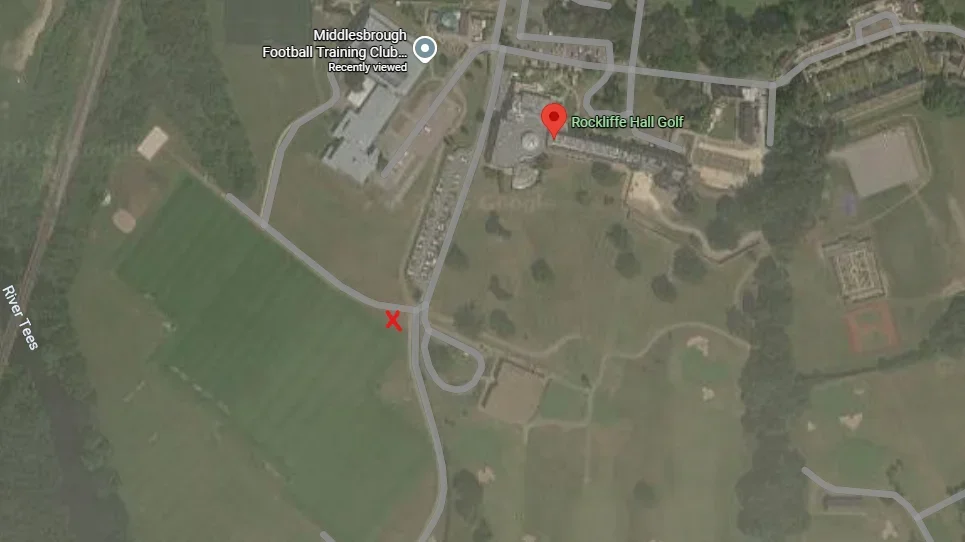 A Google Maps view showing Middlesbrough's training ground, the location of the golf club and the training pitches