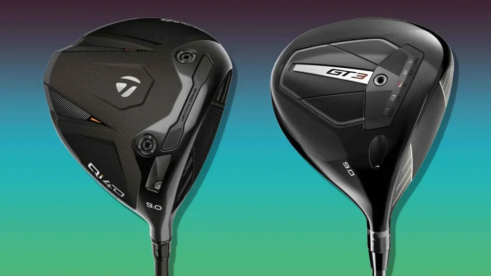 Two black drivers are displayed side by side against a gradient background. The left club has Qi10 branding, while the right features GT3 and a metallic accent near the top.