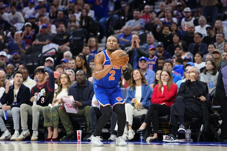 May 10, 2026; Philadelphia, Pennsylvania, USA; New York Knicks guard Miles McBride (2) shoots the ball against the Philadelphia 76ers in the first quarter during game four of the second round of the 2026 NBA Playoffs at Xfinity Mobile Arena. Mandatory Credit: Kyle Ross-Imagn Images